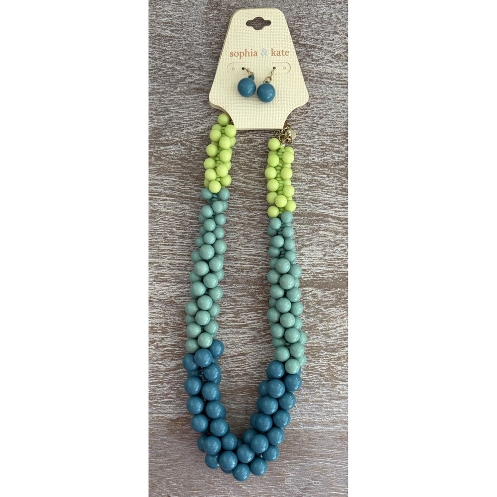 NEW Chunky Lime Green, Turquoise & Teal Blue Statement Necklace w/ Earrings Boho